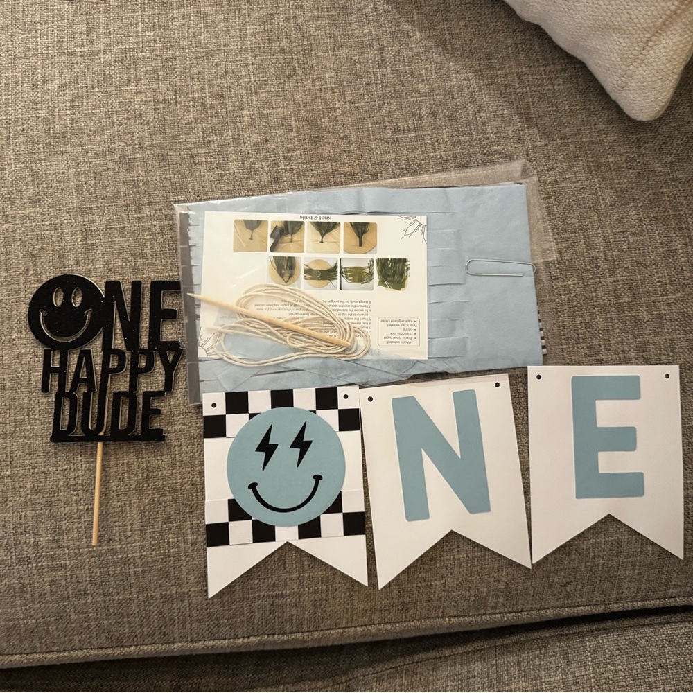 Light Blue and White ONE Banner + Cake Topper Party Decorations (never used)